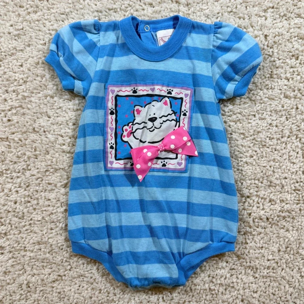 Vintage Buster Brown Blue Striped Cat Bubble Romper 6-9M Made in USA 90s